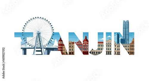 Tianjin Skyline with China Landmark, and City Vector.