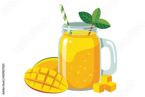Refreshing mango smoothie in a mason jar with fresh fruit and mint