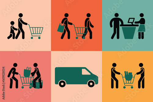 Set of six pictogram icons representing shopping and delivery services
