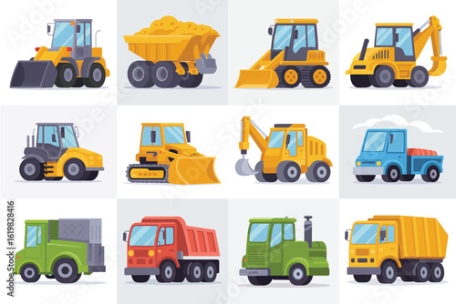 Collection of cartoon construction vehicles and trucks on a white background