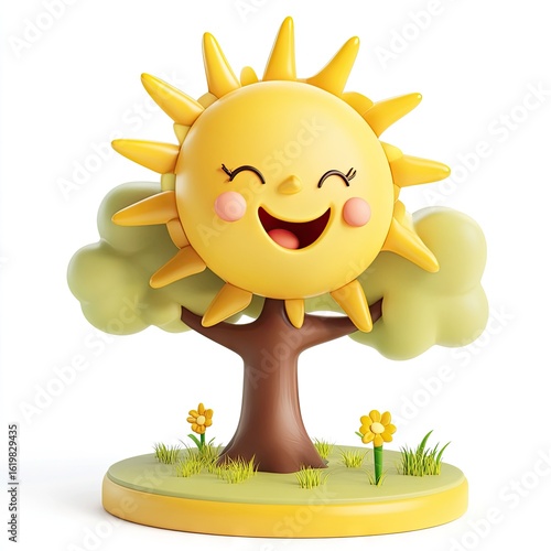 Smiling Sun Tree: 3D Render of Happy Spring Icon