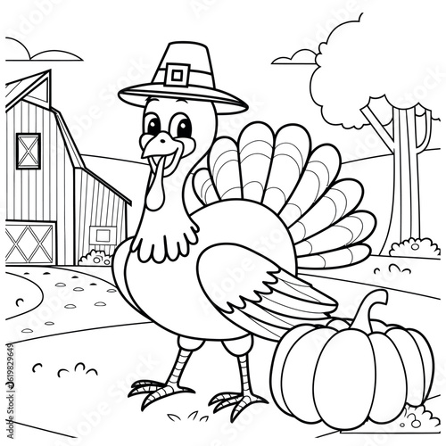 Charming thanksgiving coloring book page featuring a happy turkey and autumn leaves for children creative fun