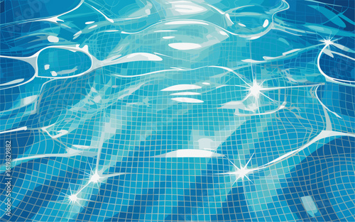 High-definition vector illustration of a clear swimming pool surface viewed from above, with caustic reflections, mosaic tiles, and gentle waves in vibrant blue and turquoise tones.