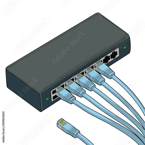 Network switch with multiple blue ethernet cables connected