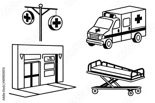 Illustration of a hospital sign ambulance building entrance and a medical stretcher in black and white outline