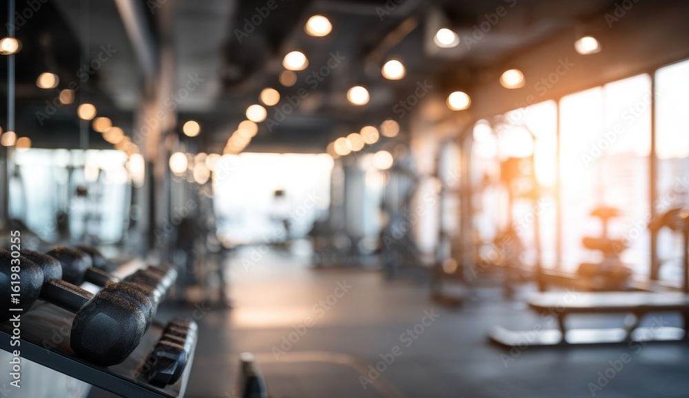 Fototapeta premium Gym interior, blurred focus on dumbbells (1)