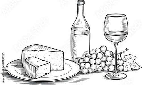 Illustration of wine bottle and glass with cheese and grapes in black and white drawing style