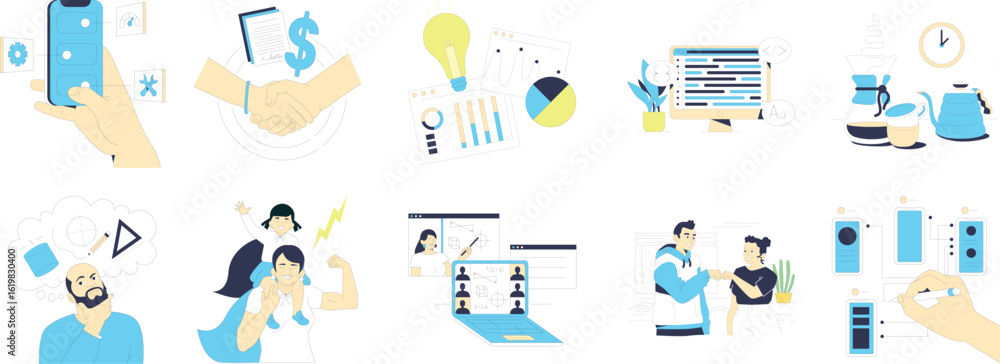 Fototapeta premium Business and Technology Flat Illustration Set – Digital Marketing, Customer Support, Data Analysis, and Mobile Payment