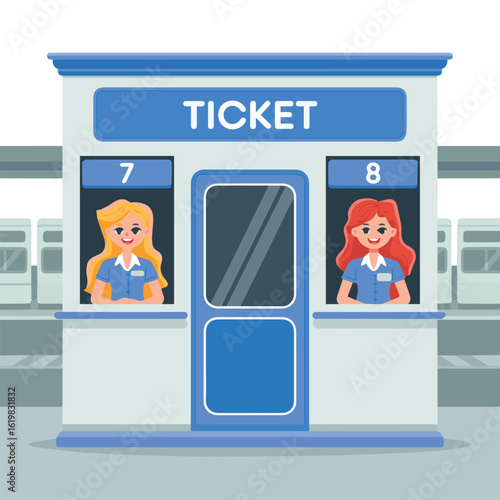 Ticket booth with two female employees at windows seven and eight selling tickets to passengers
