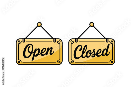 Open Closed Sign: A pair of beautifully crafted golden signs, displaying Open and Closed with elegant script, elegantly inform passersby of business availability.
