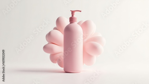 Pink cosmetic bottle with abstract floral design.