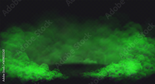 Green Smoke effect on transparent dark background. Fog cloud above the floor surface with an empty spot