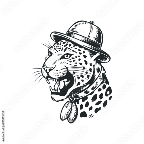 Leopard Portrait Wearing a Pith Helmet with Open Mouth Engraving. Hand drawn vector illustration