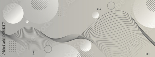 Elegant grey geometric banner background with fluid wavy lines and gradient circles. Modern abstract design for digital media and technology concepts.