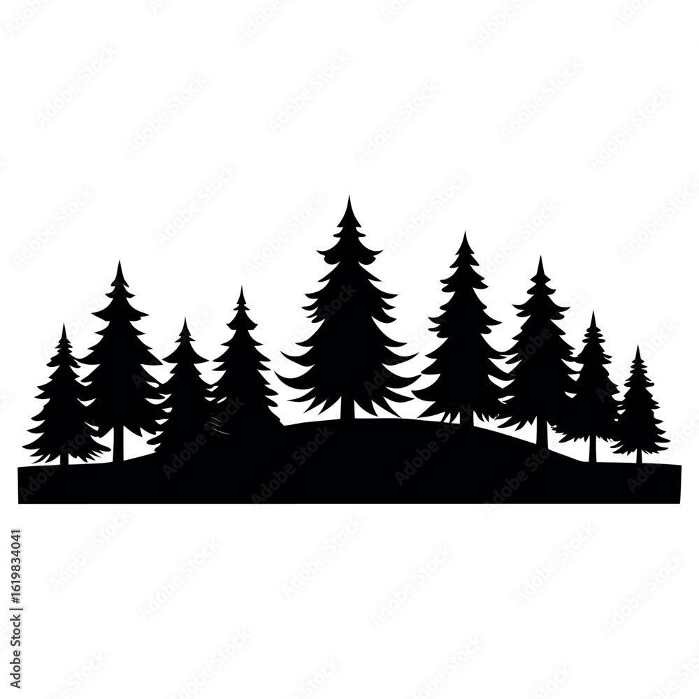 Obraz premium Horizontal vector banner with pine tree silhouette isolated on white background