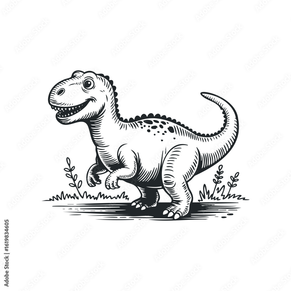 Fototapeta premium Engraved Tyrannosaurus Rex Standing in Field of Grass Outline Illustration. Hand drawn vector illustration