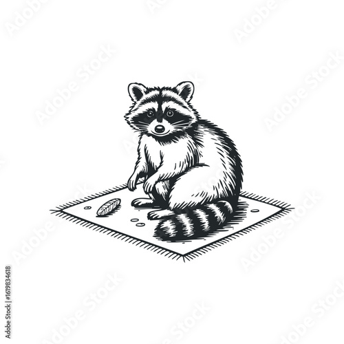 Raccoon sitting upright on a fringed rug with scattered objects, black and white drawing. Hand drawn vector illustration