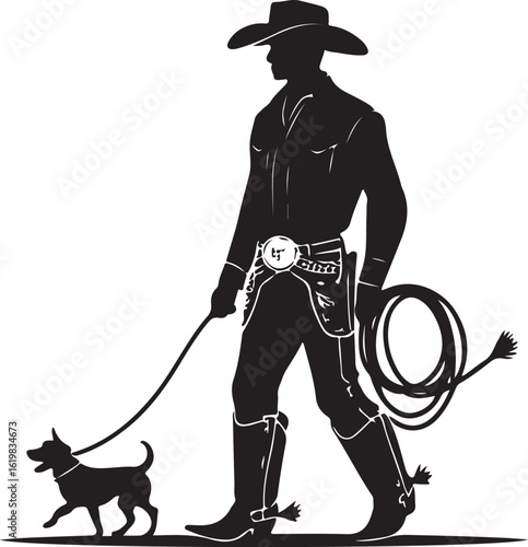 Cowboy with a rope walking with dog silhouette

