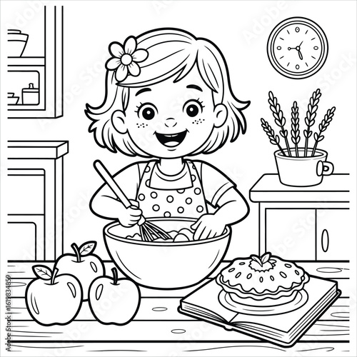 Cartoon girl baking an apple pie in the kitchen. Black and white outline illustration for a children's coloring page activity.