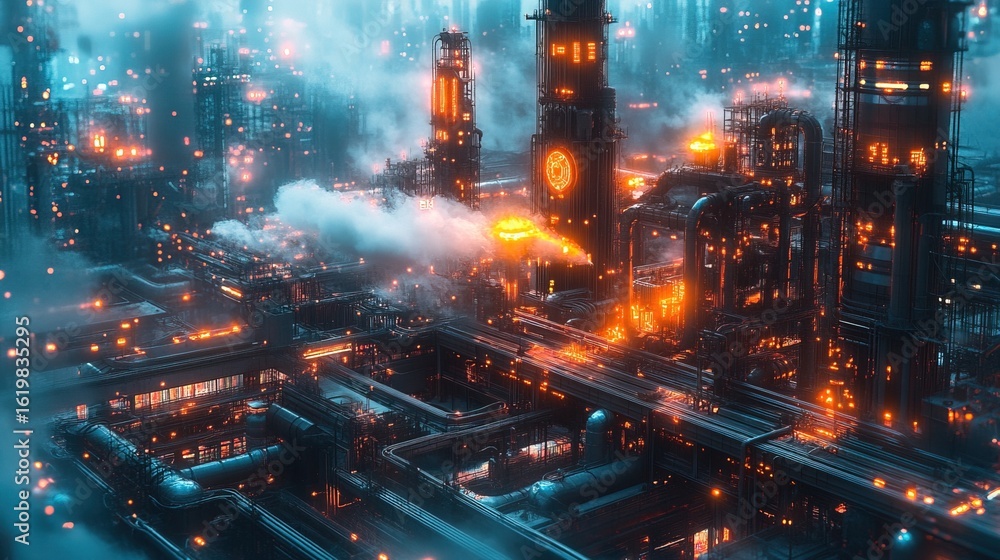 Fototapeta premium Futuristic Industrial Complex at Night with Glowing Orange Lights Illustration