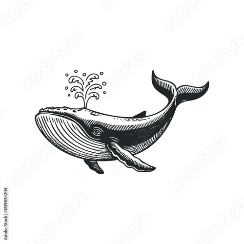 Engraved Gray Whale Spouting Water in Oceanographic Illustration. Hand drawn vector illustration