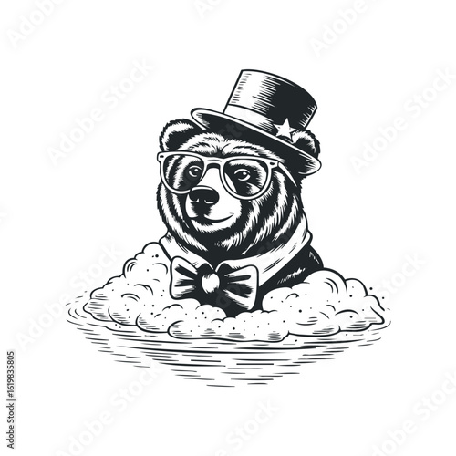 Bear Illustration Wearing Top Hat and Bow Tie in Clouds. Hand drawn vector illustration