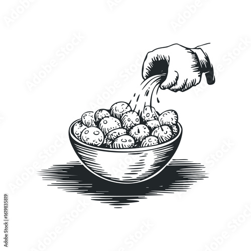 Hand Pouring Liquid onto Bowl of Food in Engraved Illustration. Hand drawn vector illustration