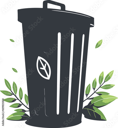 Dark grey trash can with green leaves and leaf symbol garbage bin recycling