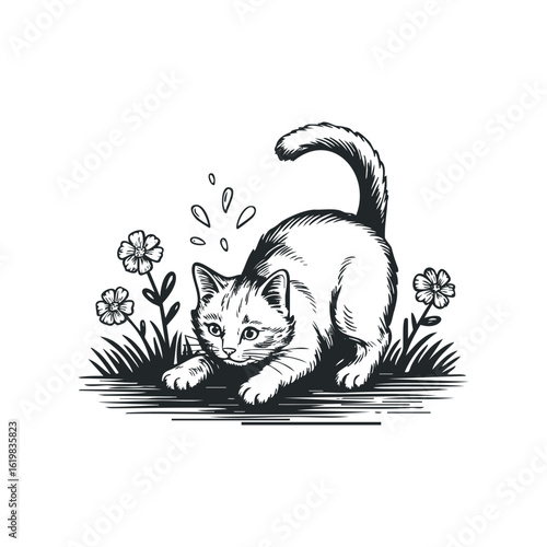 Playful Kitten About to Pounce Among the Flowers in Black and White Sketch. Hand drawn vector illustration