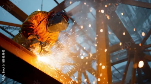 Steel worker welding with sparks flying: A skilled construction worker welds steel beams with vibrant sparks illuminating the scene