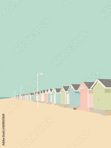 South Shields, United Kingdom – Sandhaven Beach huts and promenade lamps in hut pastel, lamp white, sand beige, and seafoam green