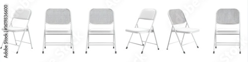 Multiple white folding chairs with woven backs