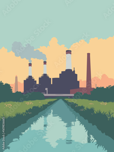 Scunthorpe, United Kingdom – Steelworks chimneys and canal towpath in smokestack gray, water teal, grass green, and dawn orange