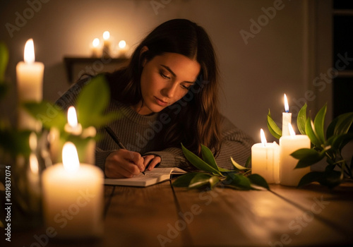 A young woman writing in a notebook by candlelight on a wooden table in a dimly lit room.