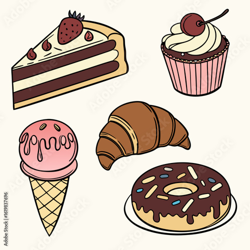 Sweet food 3d realistic render vector icon set.