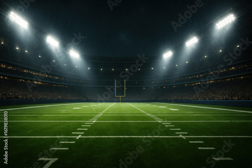 Photorealistic night view of empty American football stadium under bright floodlights during rain, green field and goalposts centered. Concept of sports venue, anticipation, competitive atmosphere.