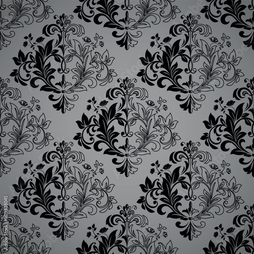 Wallpaper in the style of Baroque. Gray and black floral ornament. Seamless vector background. Graphic pattern for fabric, wallpaper, packaging. Ornate Damask flower illustration