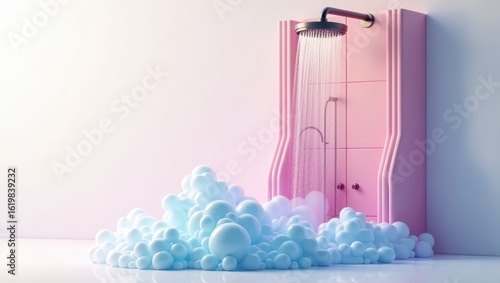 Pastel pink shower stall with a cascade of light blue bubbles.