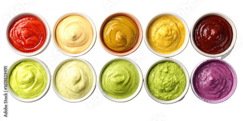 Nine small white bowls filled with various colorful sauces