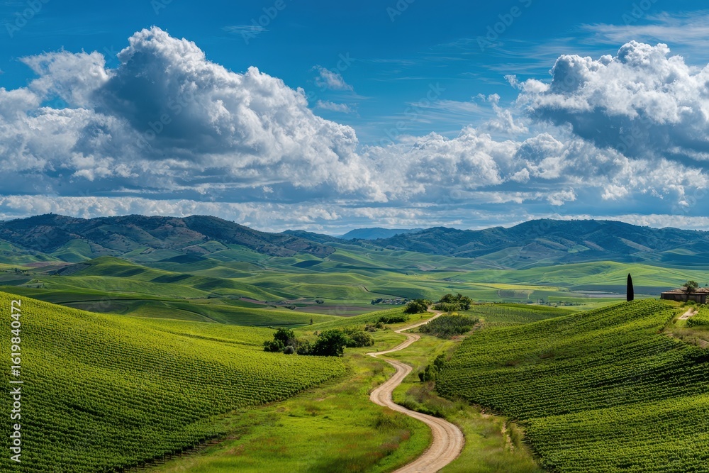 Fototapeta premium Road winds through Tuscan hills under sunny sky. Background is countryside landscape