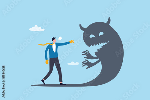 Overcome fear, courage or daring confidence to win business, leader determination, calm or hope to belief in yourself, difficulty concept, courage businessman fighting fear monster inside himself.