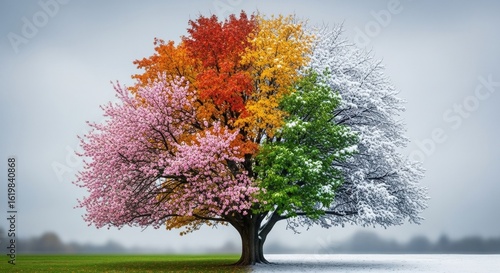 Tree displaying all four seasons simultaneously, symbolizing nature's cycle, environmental beauty, and the passage of time.

