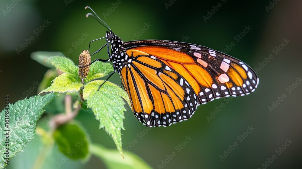 Obraz premium Monarch Butterfly on Green Leaf Closeup Nature Insect
