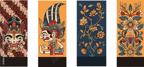 Four vertical panels showcasing Indonesian Wayang kulit shadow puppetry figures, floral designs, and batik-style patterns.