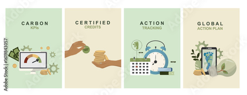Four-panel sustainability infographic showing carbon KPIs dashboard, certified credits trading, action tracking systems, and global environmental action planning.  Flat style. Vector illustration