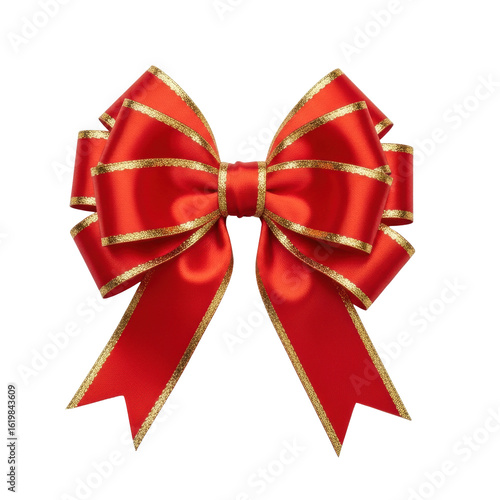 A perfectly tied red satin bow with luxurious gold trim, showcasing smooth reflective texture and crisp loops, isolated against a seamless clean white background with bright studio lighting. Elegant