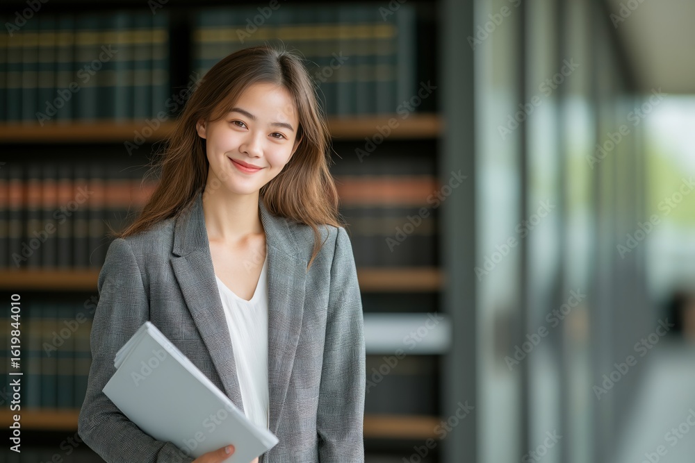 Fototapeta premium Confident young professional woman in a library environment showcasing expertise