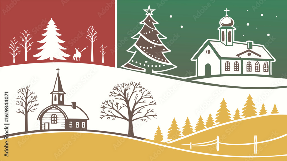 Fototapeta premium Rustic Winter Village Scene: Churches, Christmas Tree, Deer, and Snowy Hills; Warm, Festive, and Peaceful Holiday Illustration; Simple Silhouette Style.