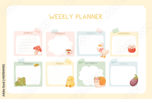 Colorful weekly planner with animals and vegetables