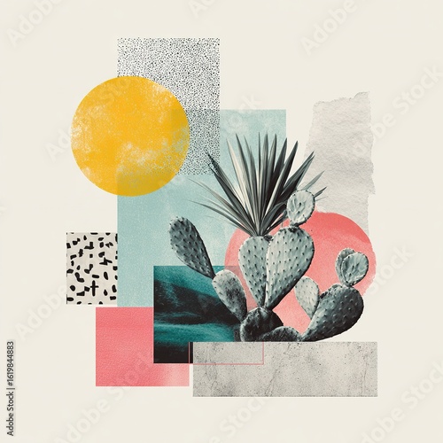 Prickly pear cactus and palm tree growing under the desert sun in contemporary collage